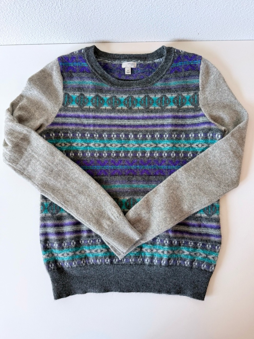 Halogen 100% Cashmere Fair Isle Long Sleeve Crew Neck Sweater Gray Purple XS